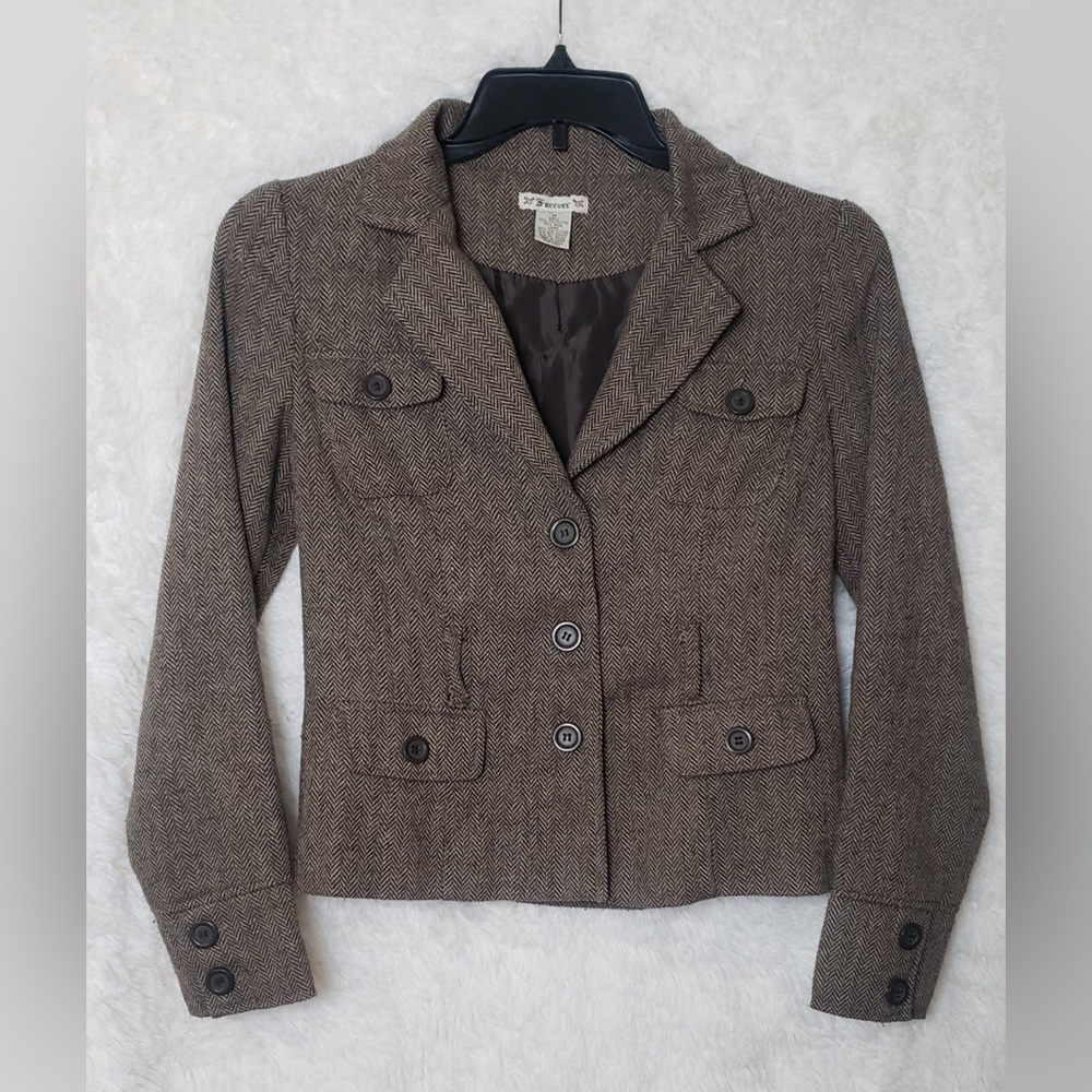 Forever Vintage Y2K Brown Herringbone Wool Blend Womens Blazer Size Medium